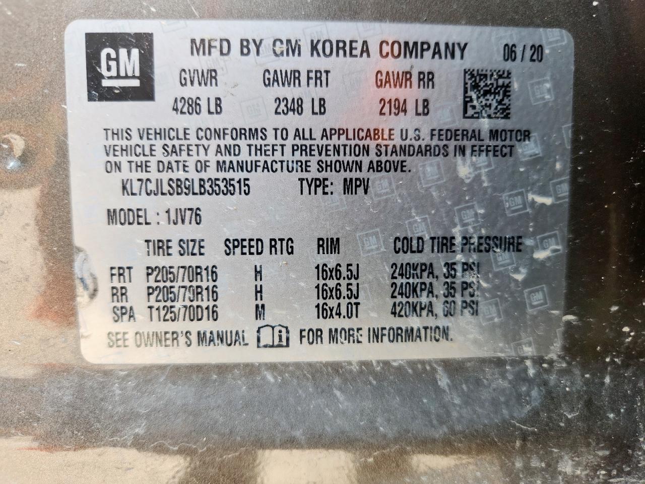 2020 Chevrolet Trax 1Lt VIN: KL7CJLSB9LB353515 Lot: 71533345