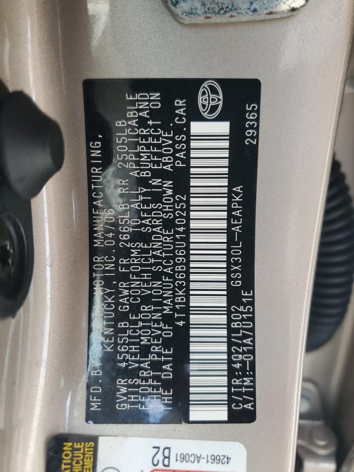 2006 Toyota Avalon Xl VIN: 4T1BK36B96U140252 Lot: 80300905