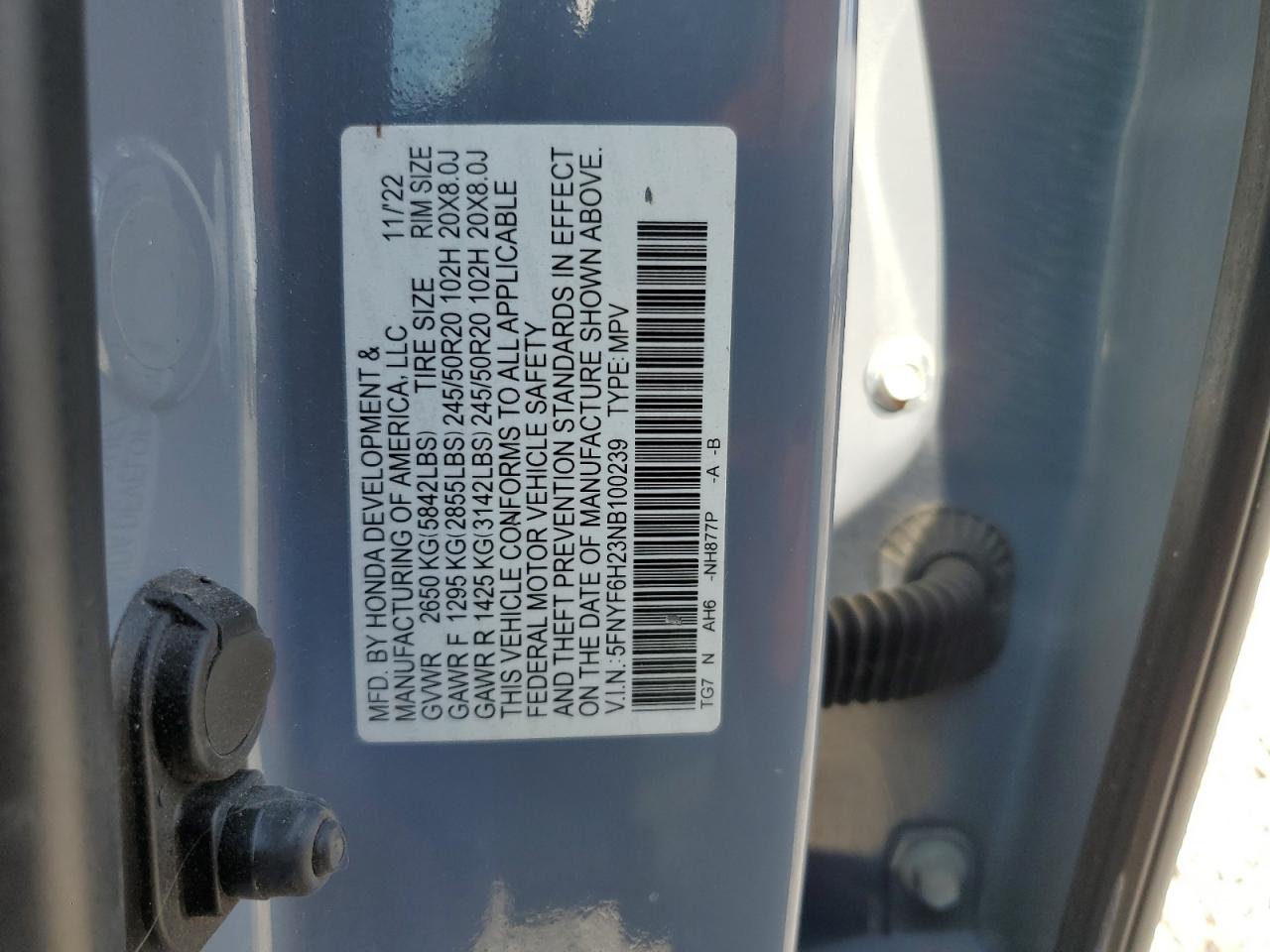 2022 Honda Pilot Se VIN: 5FNYF6H23NB100239 Lot: 84274945