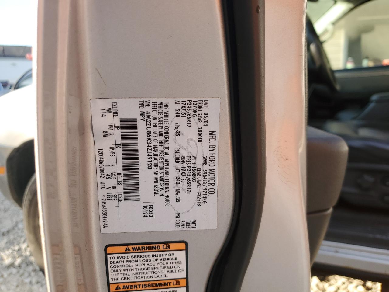 2004 Mercury Mountaineer VIN: 4M2ZU86K34ZJ49128 Lot: 80087185