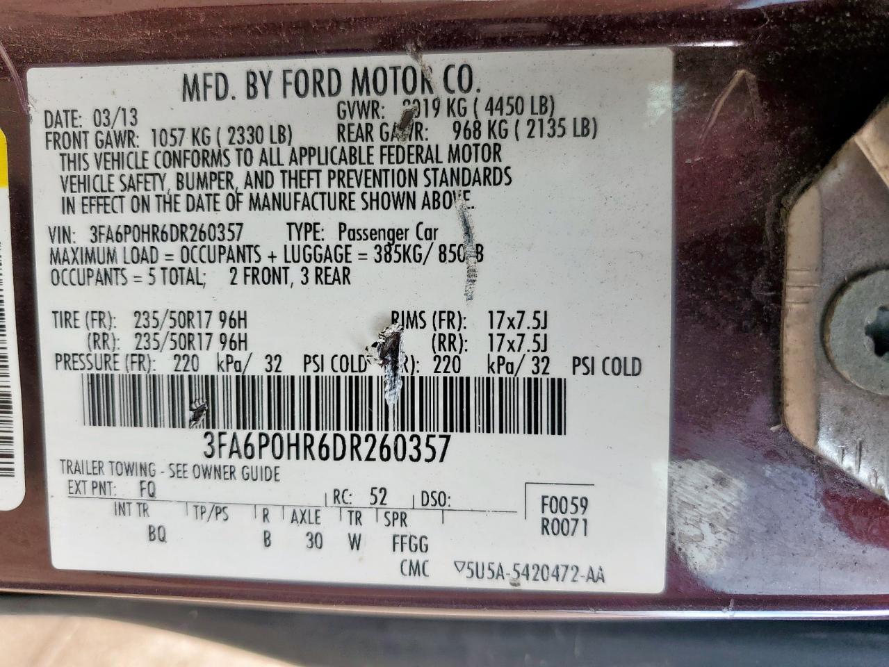 2013 Ford Fusion Se VIN: 3FA6P0HR6DR260357 Lot: 84002485