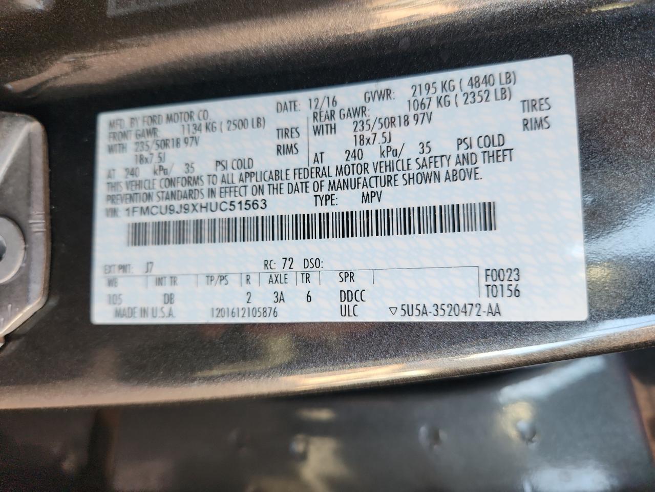 2017 Ford Escape Titanium VIN: 1FMCU9J9XHUC51563 Lot: 81632235