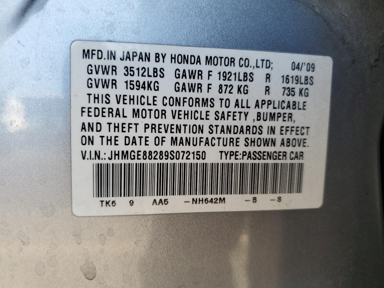 2009 Honda Fit VIN: JHMGE88289S072150 Lot: 84622435