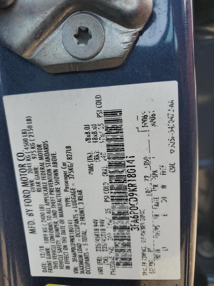 2019 Ford Fusion Sel VIN: 3FA6P0CD9KR180141 Lot: 80658585