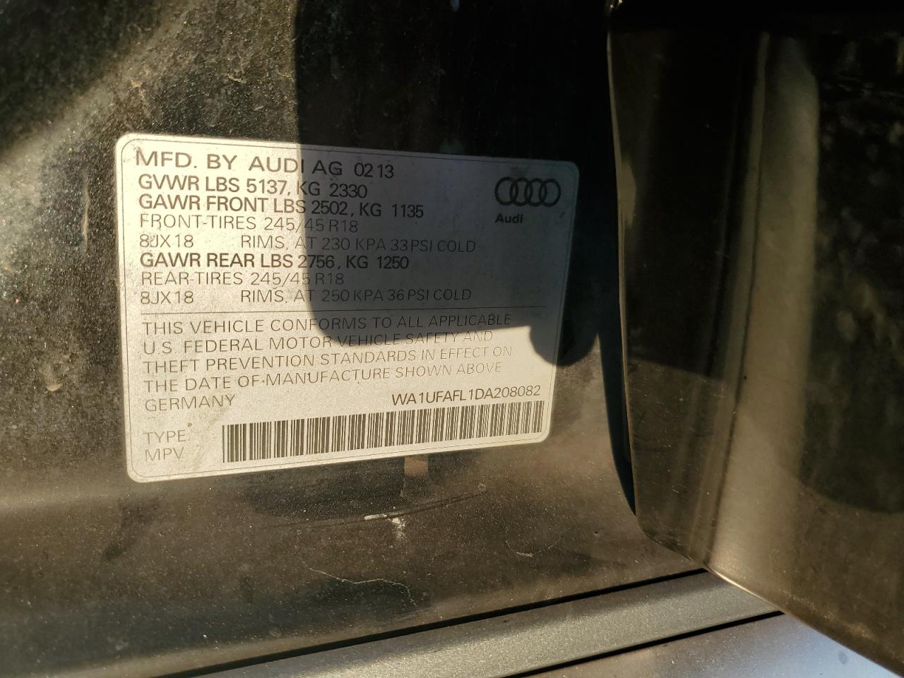 2013 Audi A4 Allroad Premium Plus VIN: WA1UFAFL1DA208082 Lot: 81874355