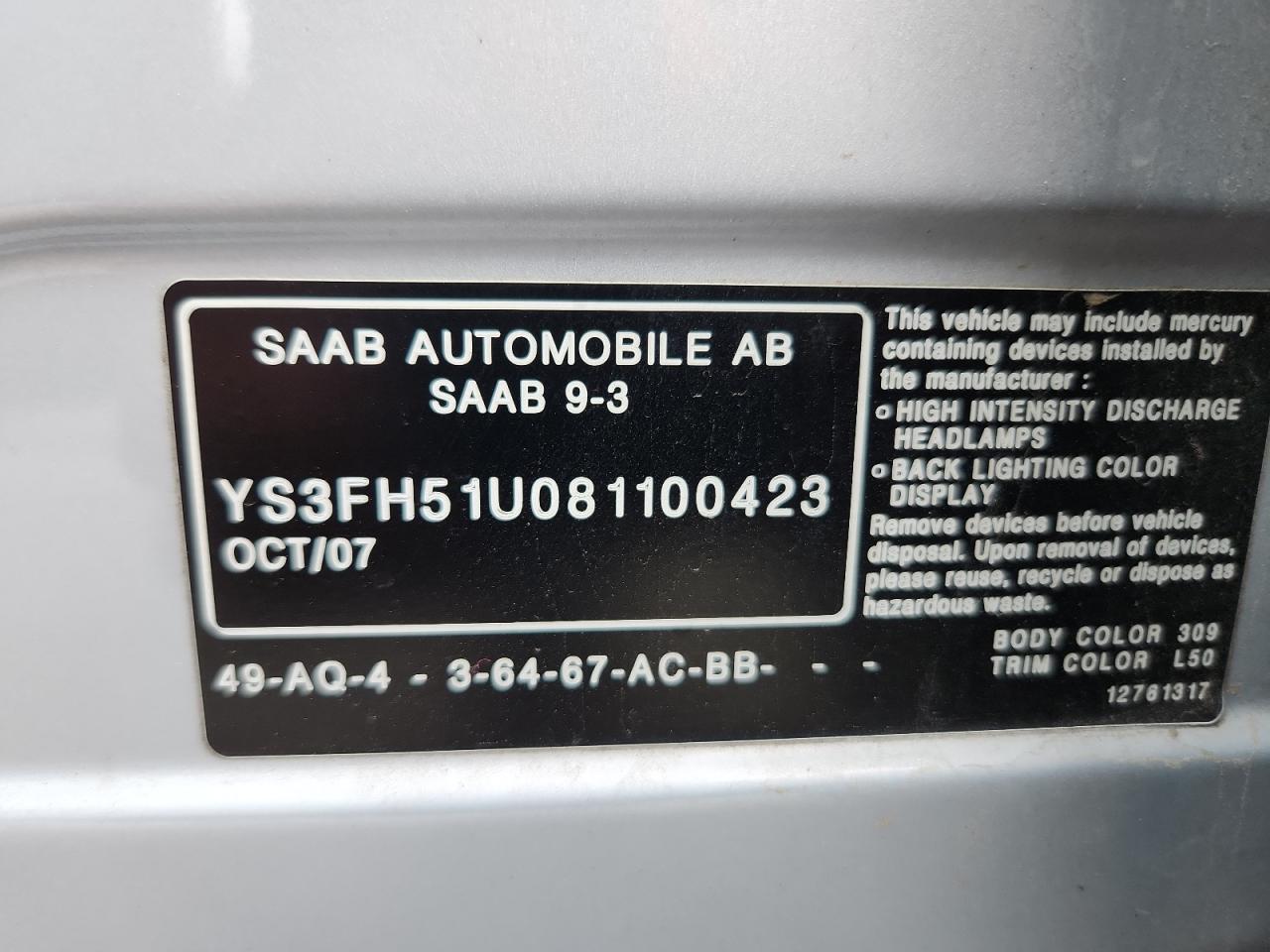 2008 Saab 9-3 Aero VIN: YS3FH51U081100423 Lot: 81556275