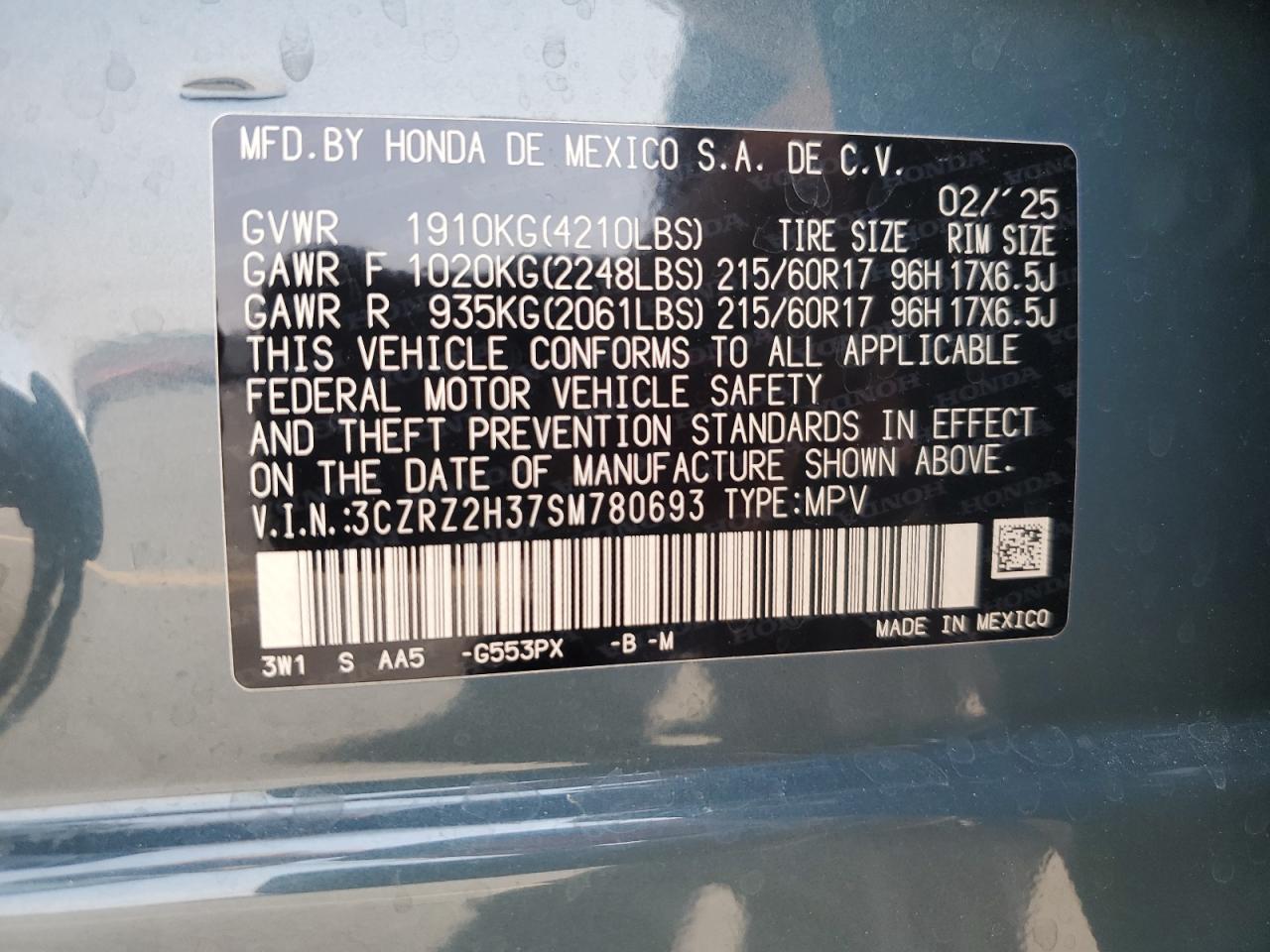 2025 Honda Hr-V Lx VIN: 3CZRZ2H37SM780693 Lot: 71285475