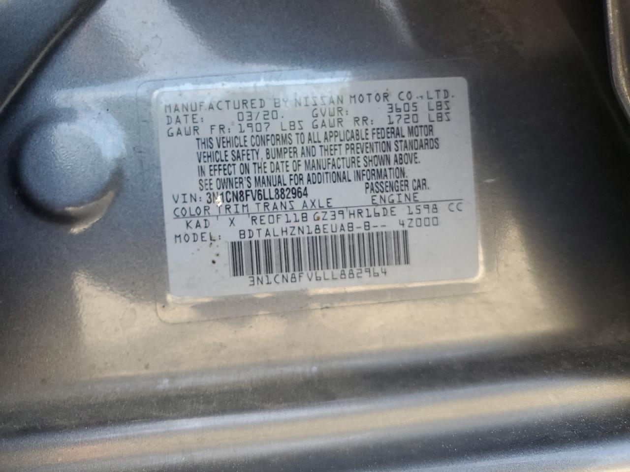 2020 Nissan Versa Sr VIN: 3N1CN8FV6LL882964 Lot: 71836415