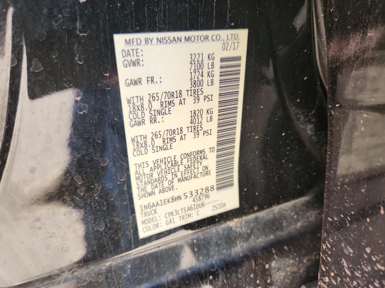 2017 Nissan Titan S VIN: 1N6AA1EK8HN533288 Lot: 80207735