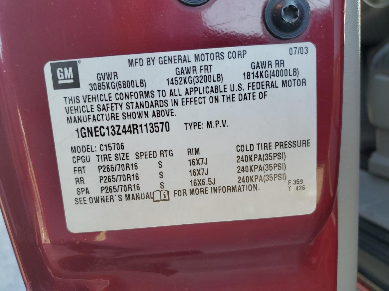 2004 Chevrolet Tahoe C1500 VIN: 1GNEC13Z44R113570 Lot: 84066995