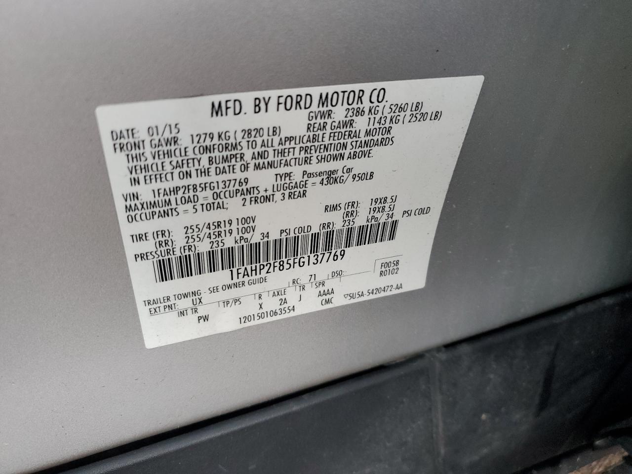 2015 Ford Taurus Limited VIN: 1FAHP2F85FG137769 Lot: 81782235