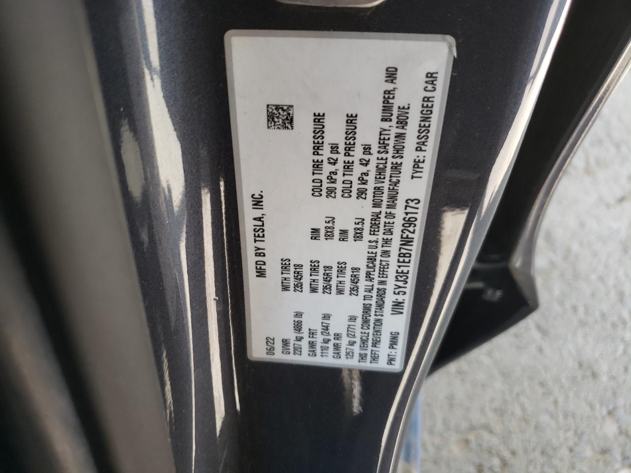 2022 Tesla Model 3 VIN: 5YJ3E1EB7NF296173 Lot: 83876205