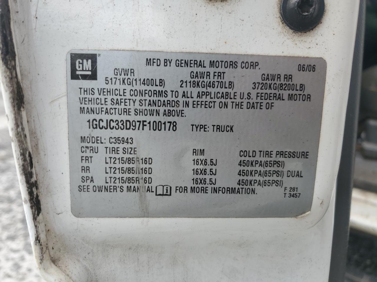 2007 Chevrolet Silverado C3500 VIN: 1GCJC33D97F100178 Lot: 84352165