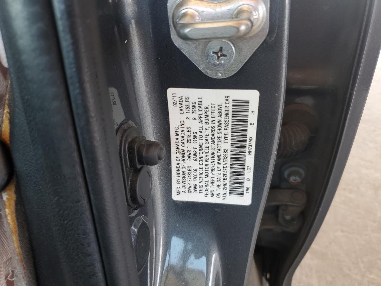 2013 Honda Civic Lx VIN: 2HGFB2F57DH532982 Lot: 81026665