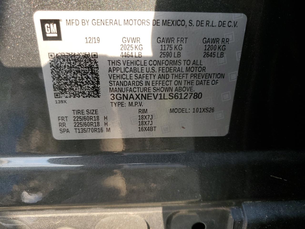 2020 Chevrolet Equinox Premier VIN: 3GNAXNEV1LS612780 Lot: 71496415