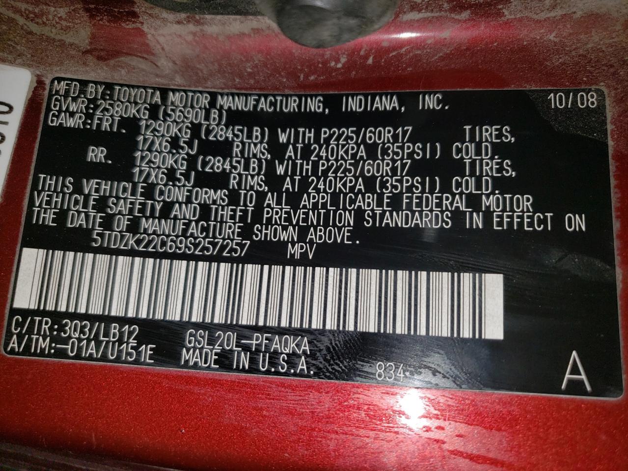 2009 Toyota Sienna Xle VIN: 5TDZK22C69S257257 Lot: 71672255