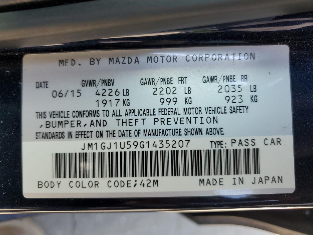 2016 Mazda 6 Sport VIN: JM1GJ1U59G1435207 Lot: 72011655