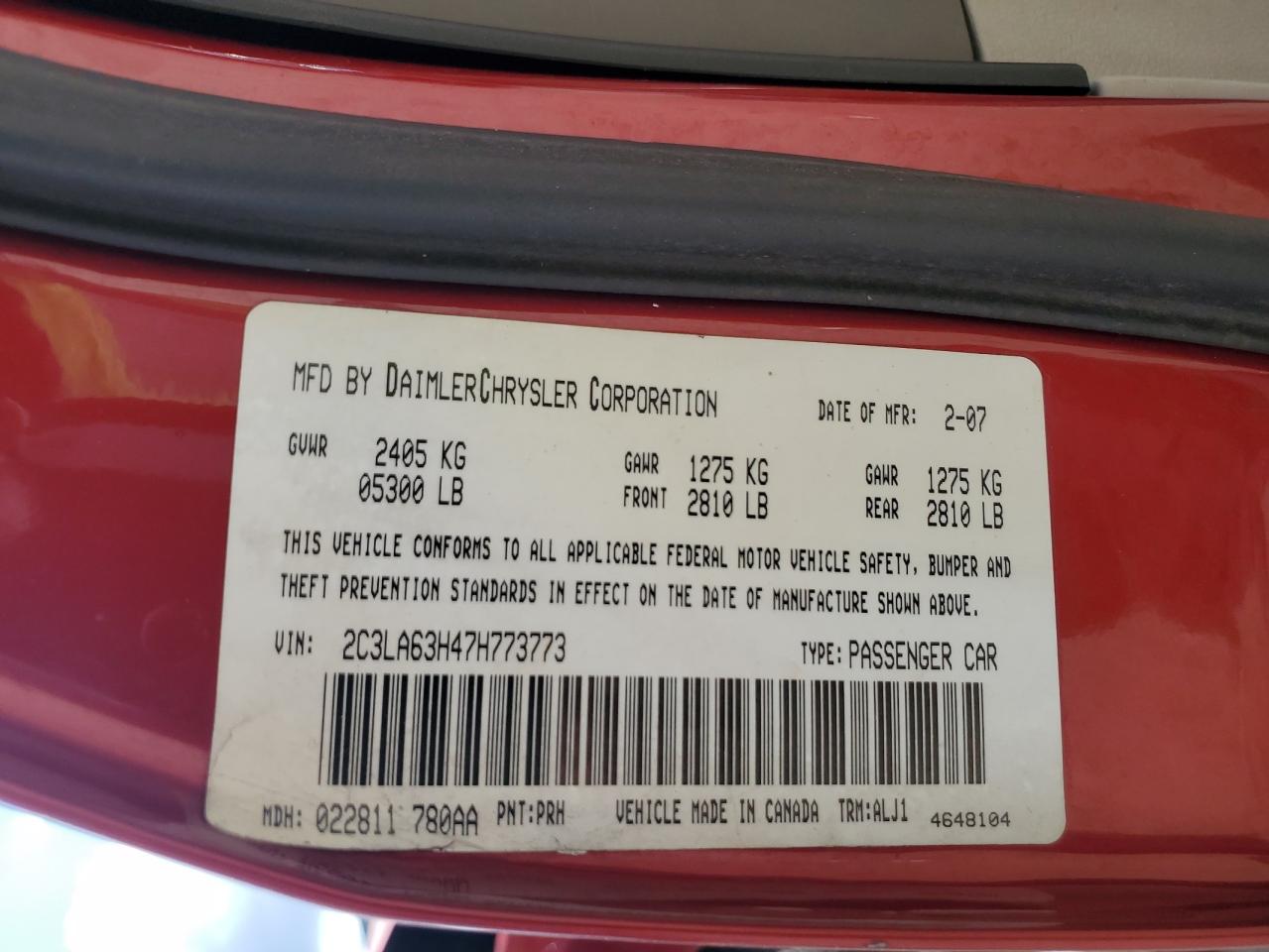 2007 Chrysler 300C VIN: 2C3LA63H47H773773 Lot: 71235915