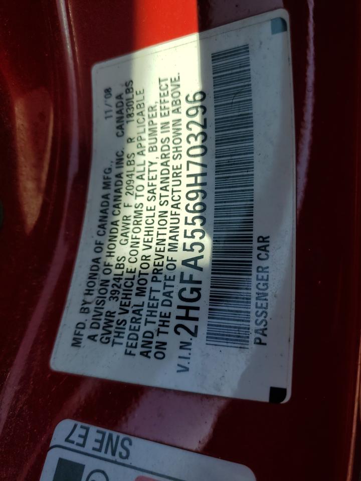 2009 Honda Civic Si VIN: 2HGFA55569H703296 Lot: 84060485