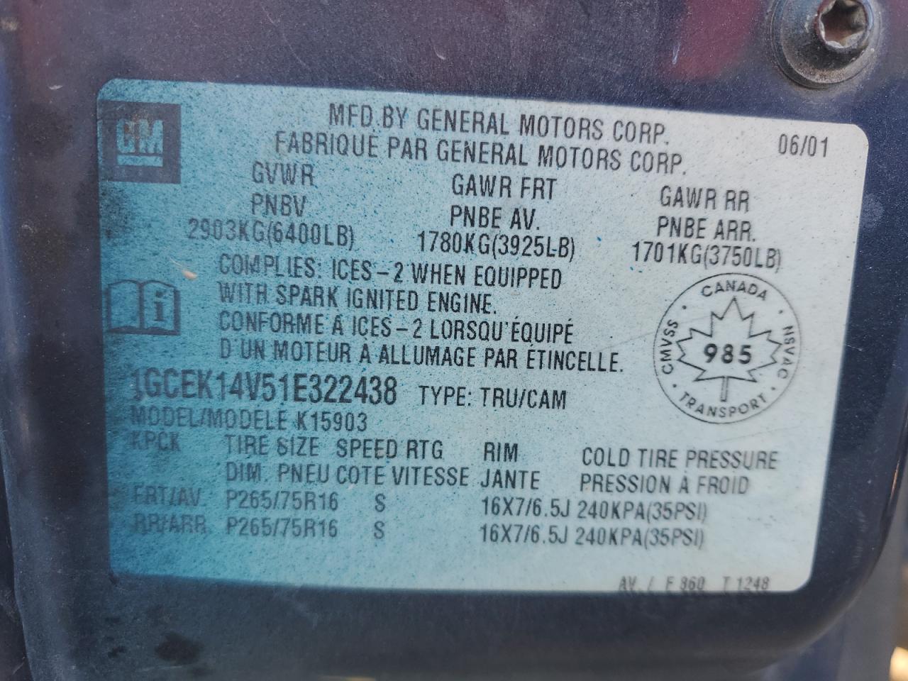 2001 Chevrolet Silverado K1500 VIN: 1GCEK14V51E322438 Lot: 84608685