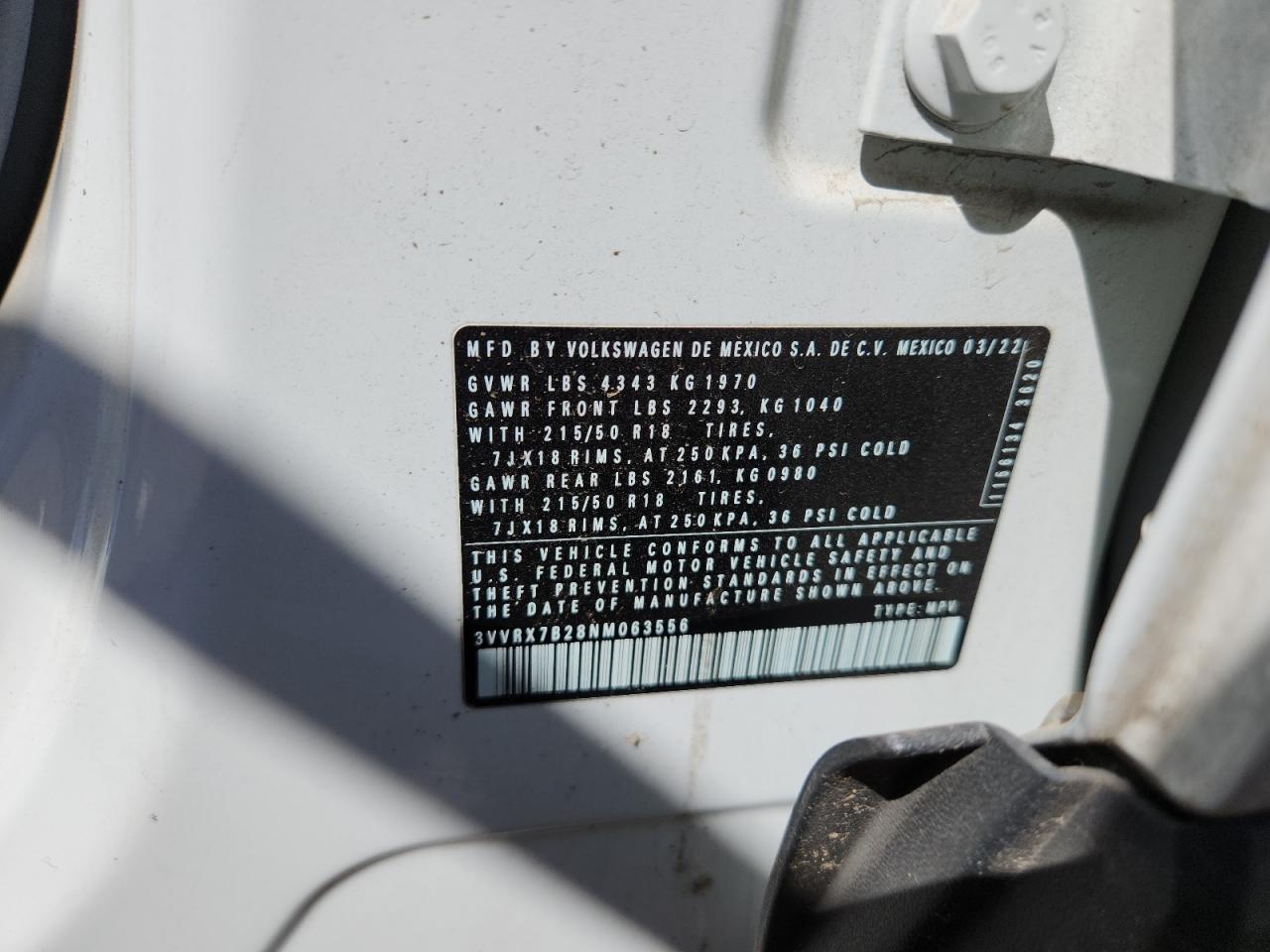 2022 Volkswagen Taos Se VIN: 3VVRX7B28NM063556 Lot: 71688575