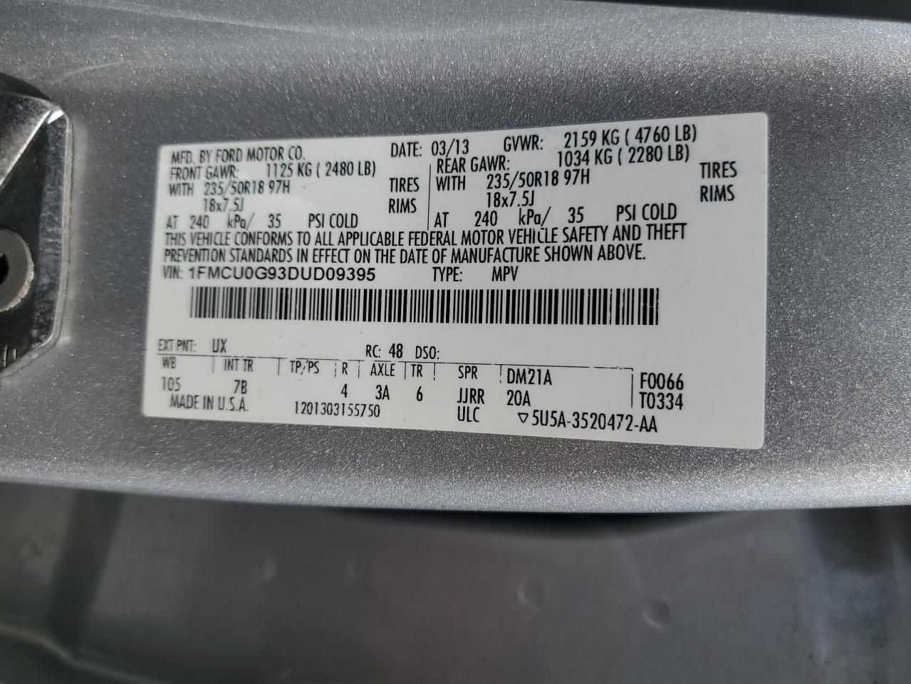 2013 Ford Escape Se VIN: 1FMCU0G93DUD09395 Lot: 71891435