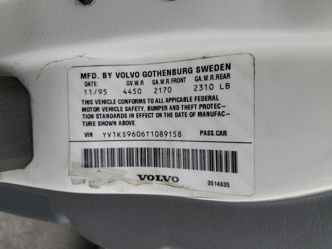 1996 Volvo 960 VIN: YV1KS9606T1089158 Lot: 84606375
