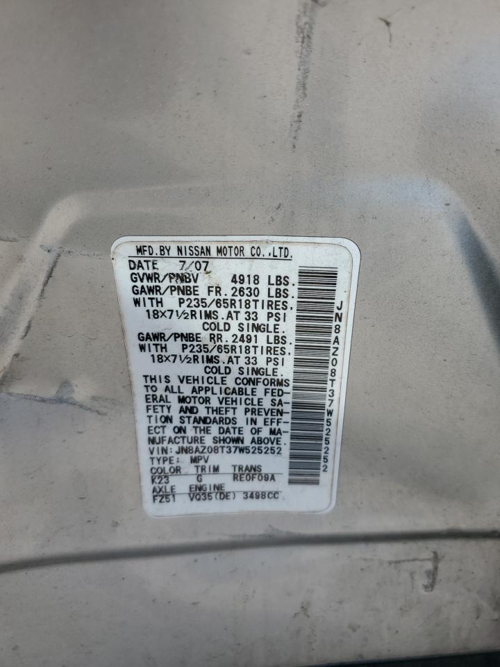 2007 Nissan Murano VIN: JN8AZ08T37W525252 Lot: 80186655