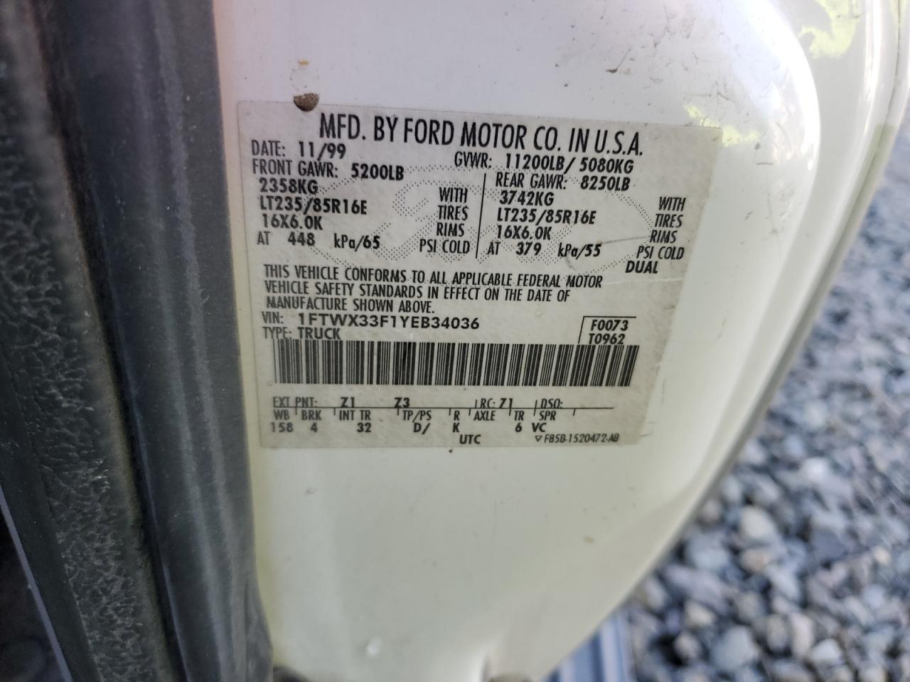 2000 Ford F350 Super Duty VIN: 1FTWX33F1YEB34036 Lot: 71809365