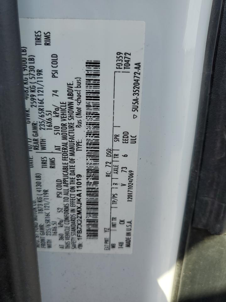 2018 Ford Transit T-350 VIN: 1FBZX2ZMXJKA11019 Lot: 80819365