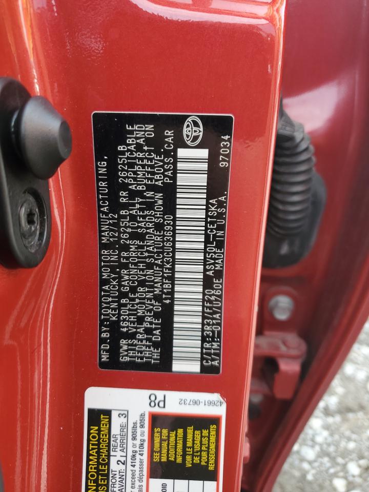 2012 Toyota Camry Base VIN: 4T1BF1FK3CU636930 Lot: 82121515