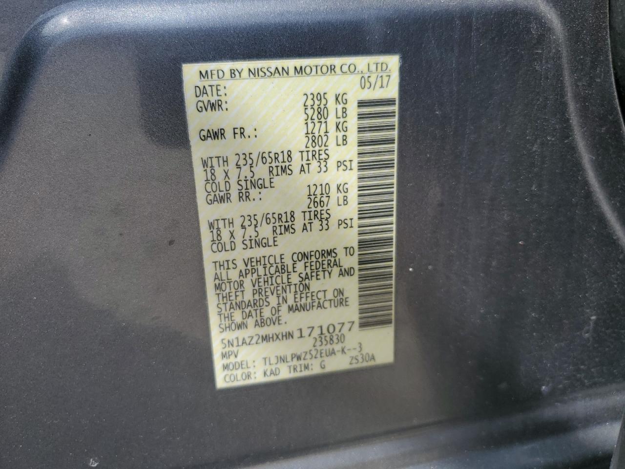 2017 Nissan Murano S VIN: 5N1AZ2MHXHN171077 Lot: 80104125