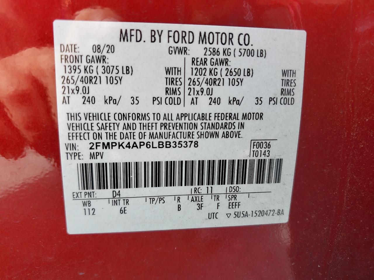 2020 Ford Edge St VIN: 2FMPK4AP6LBB35378 Lot: 82125185
