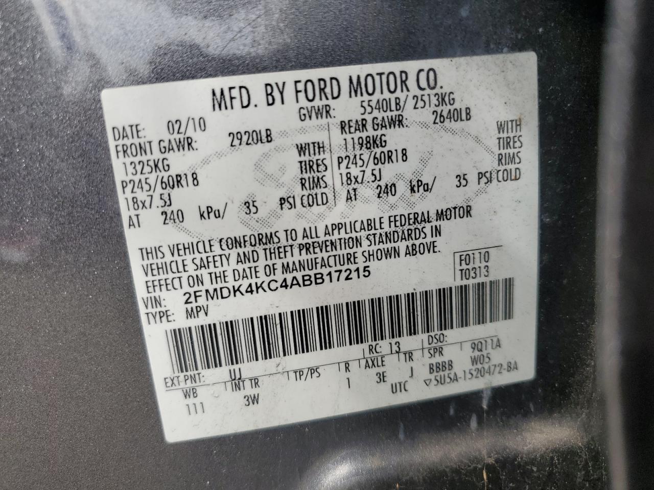 2010 Ford Edge Limited VIN: 2FMDK4KC4ABB17215 Lot: 80942405