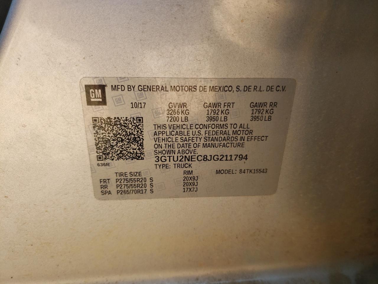 2018 GMC Sierra K1500 Slt VIN: 3GTU2NEC8JG211794 Lot: 80301165