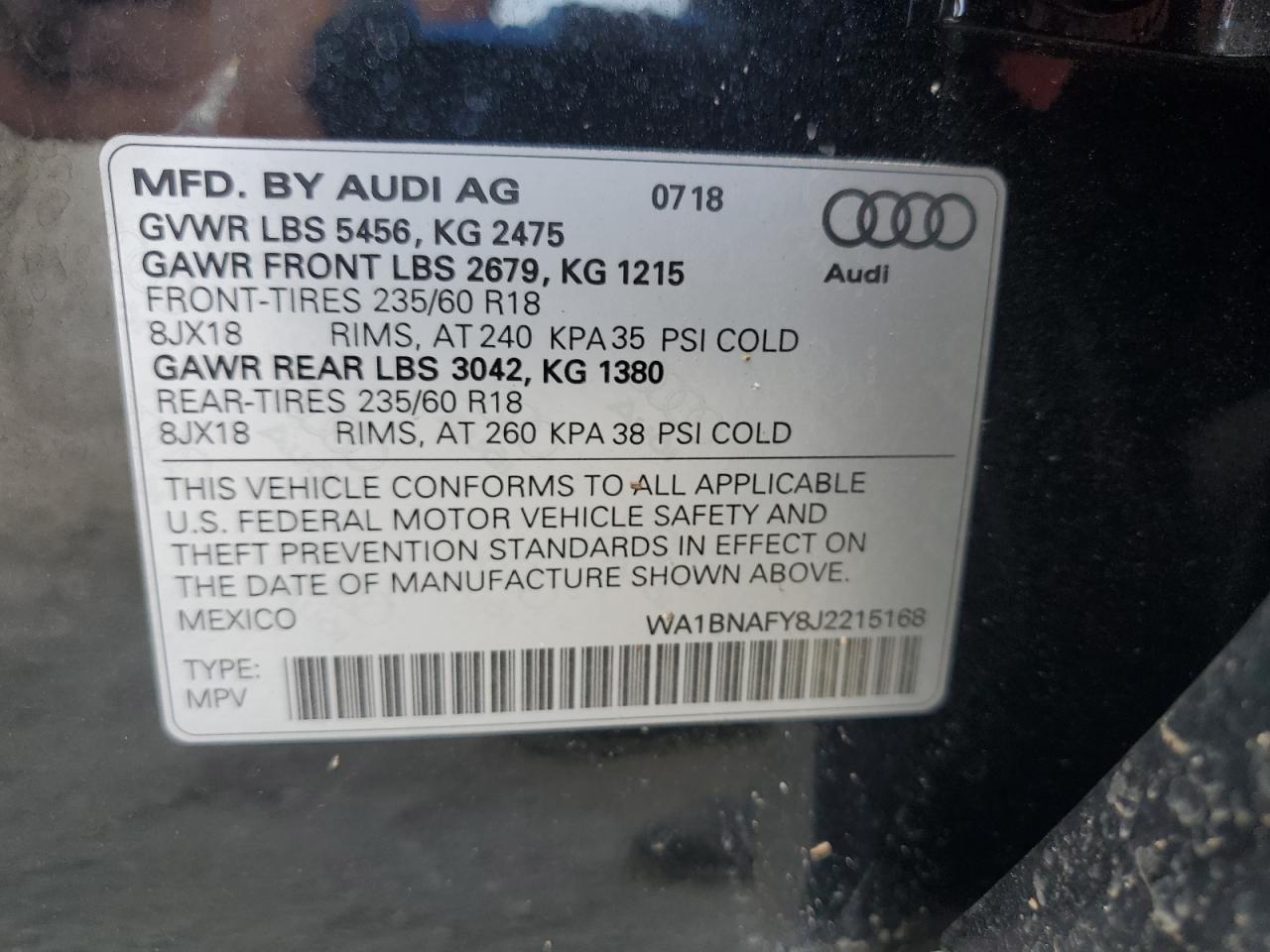 2018 Audi Q5 Premium Plus VIN: WA1BNAFY8J2215168 Lot: 68381675