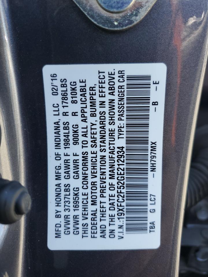 2016 Honda Civic Lx VIN: 19XFC2F52GE212934 Lot: 81726175
