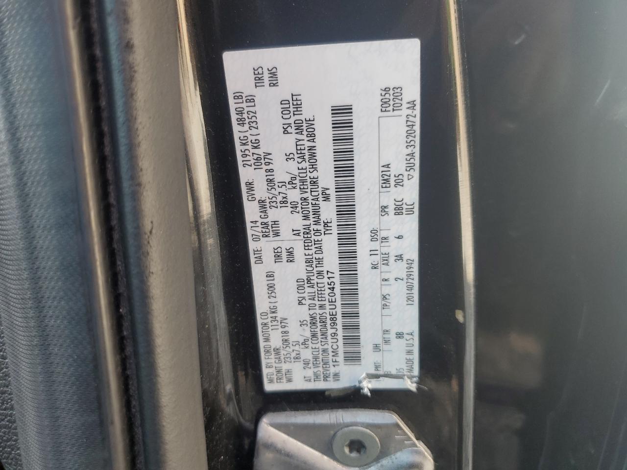 2014 Ford Escape Titanium VIN: 1FMCU9J98EUE04517 Lot: 80100055