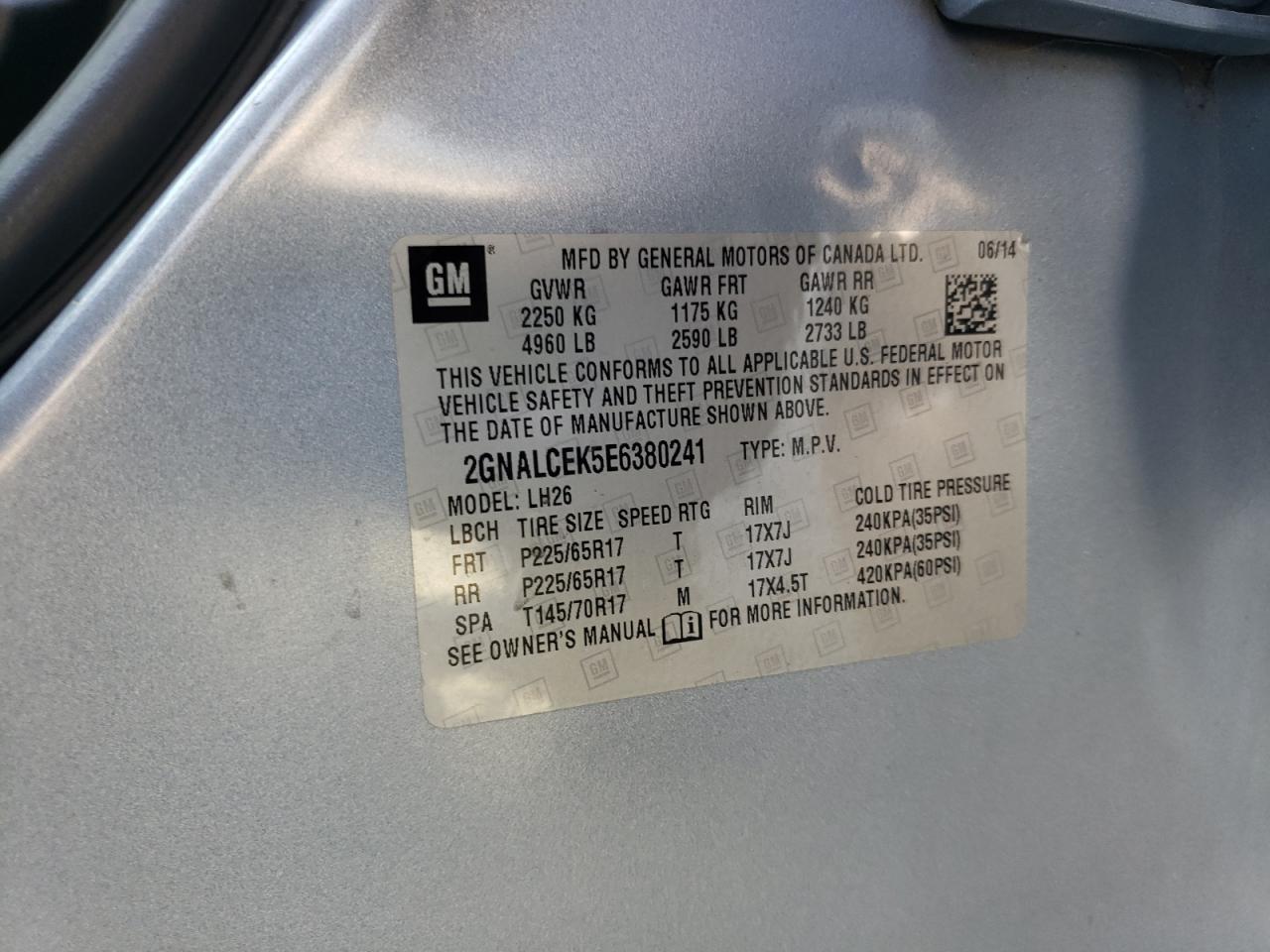2014 Chevrolet Equinox Lt VIN: 2GNALCEK5E6380241 Lot: 81154795