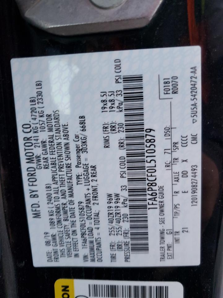 2020 Ford Mustang Gt VIN: 1FA6P8CF0L5105879 Lot: 80665245