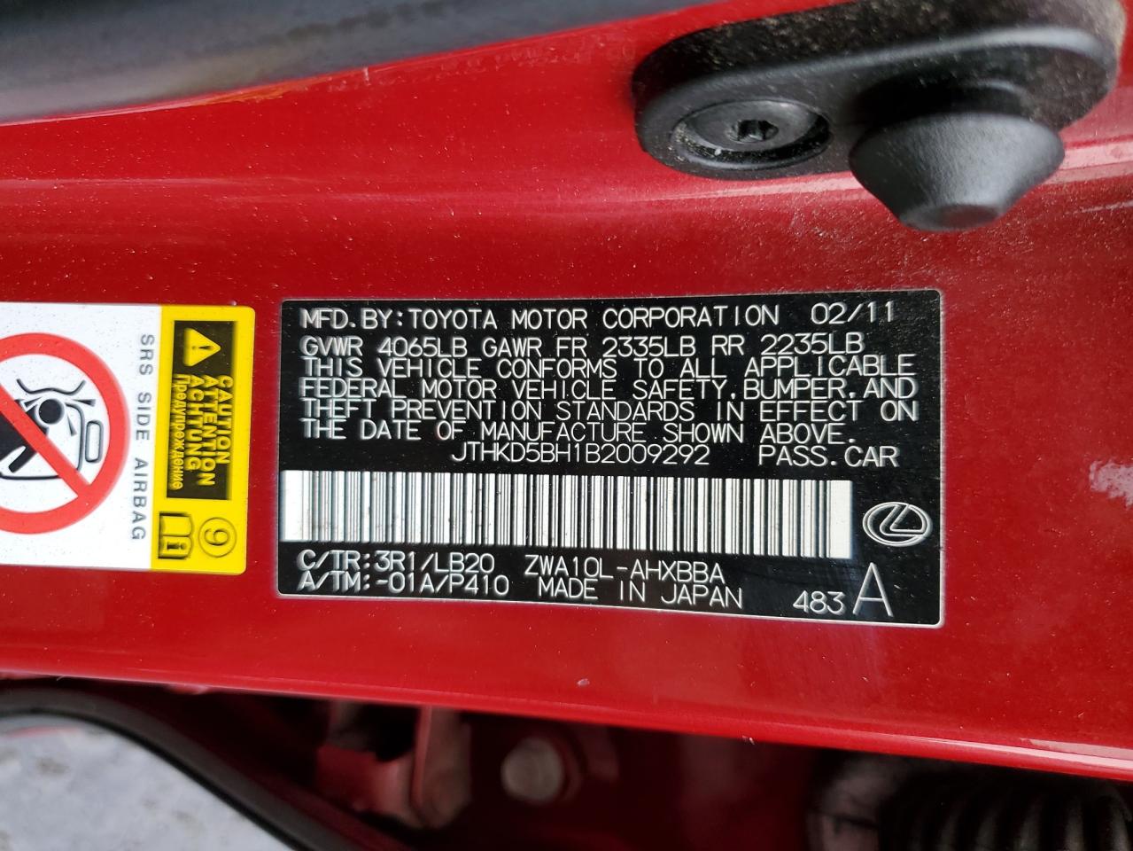 2011 Lexus Ct 200 VIN: JTHKD5BH1B2009292 Lot: 80761675