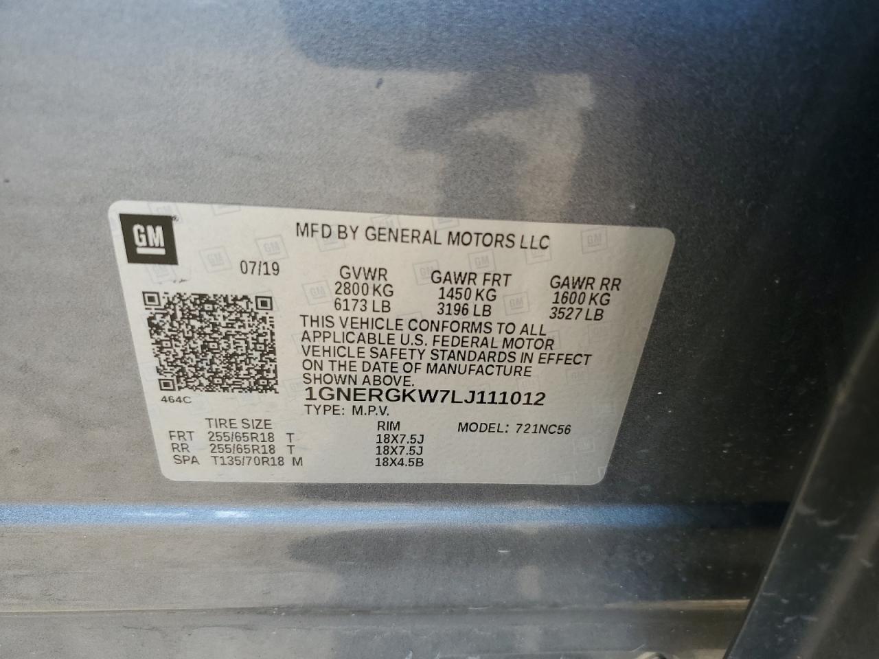 2020 Chevrolet Traverse Lt VIN: 1GNERGKW7LJ111012 Lot: 80858105