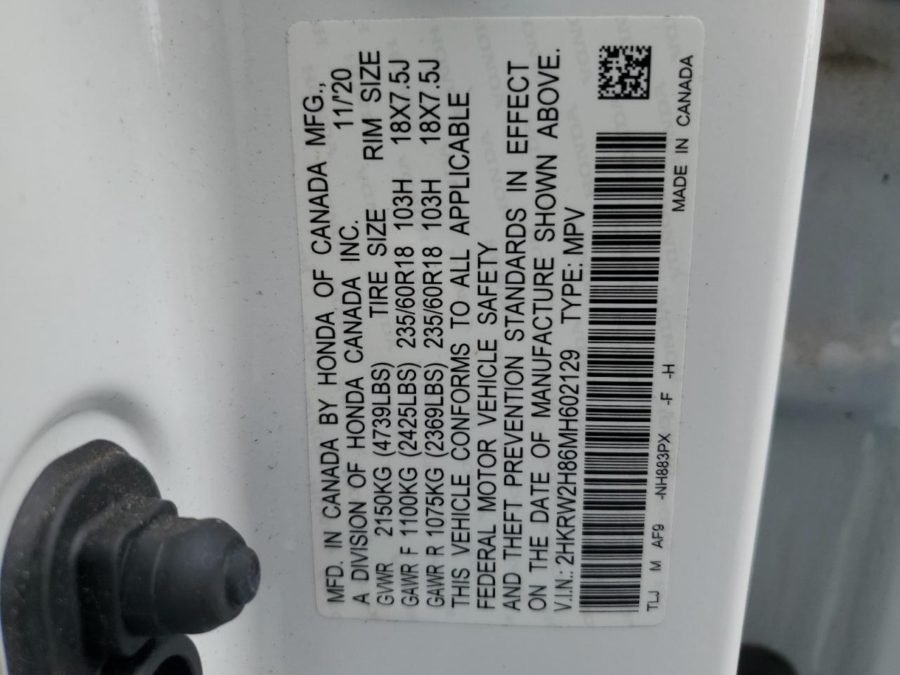 2021 Honda Cr-V Exl VIN: 2HKRW2H86MH602129 Lot: 83851665