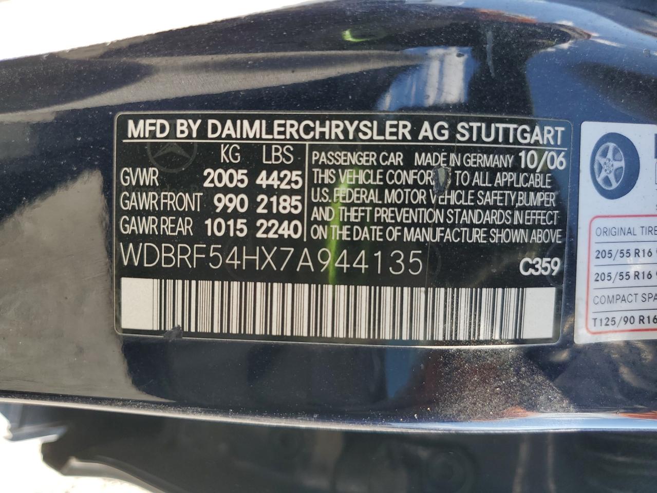 2007 Mercedes-Benz C 280 VIN: WDBRF54HX7A944135 Lot: 84289835