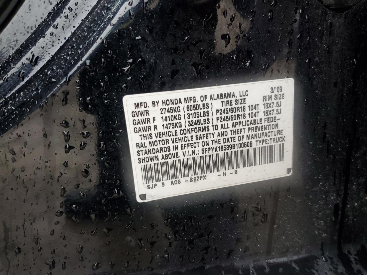 2009 Honda Ridgeline Rtl VIN: 5FPYK16539B100606 Lot: 83838105