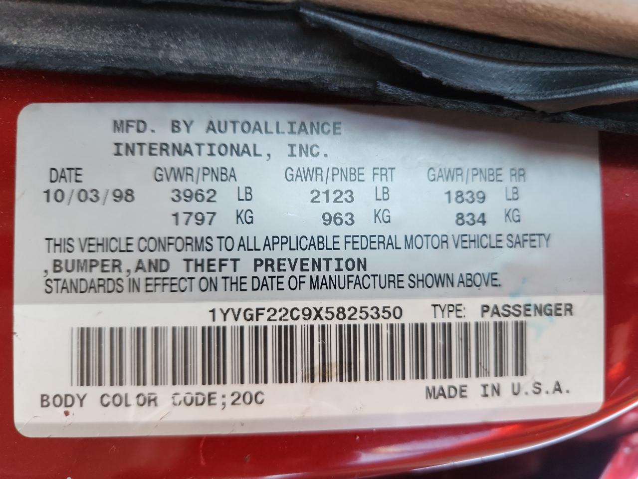 1999 Mazda 626 Es VIN: 1YVGF22C9X5825350 Lot: 84219575