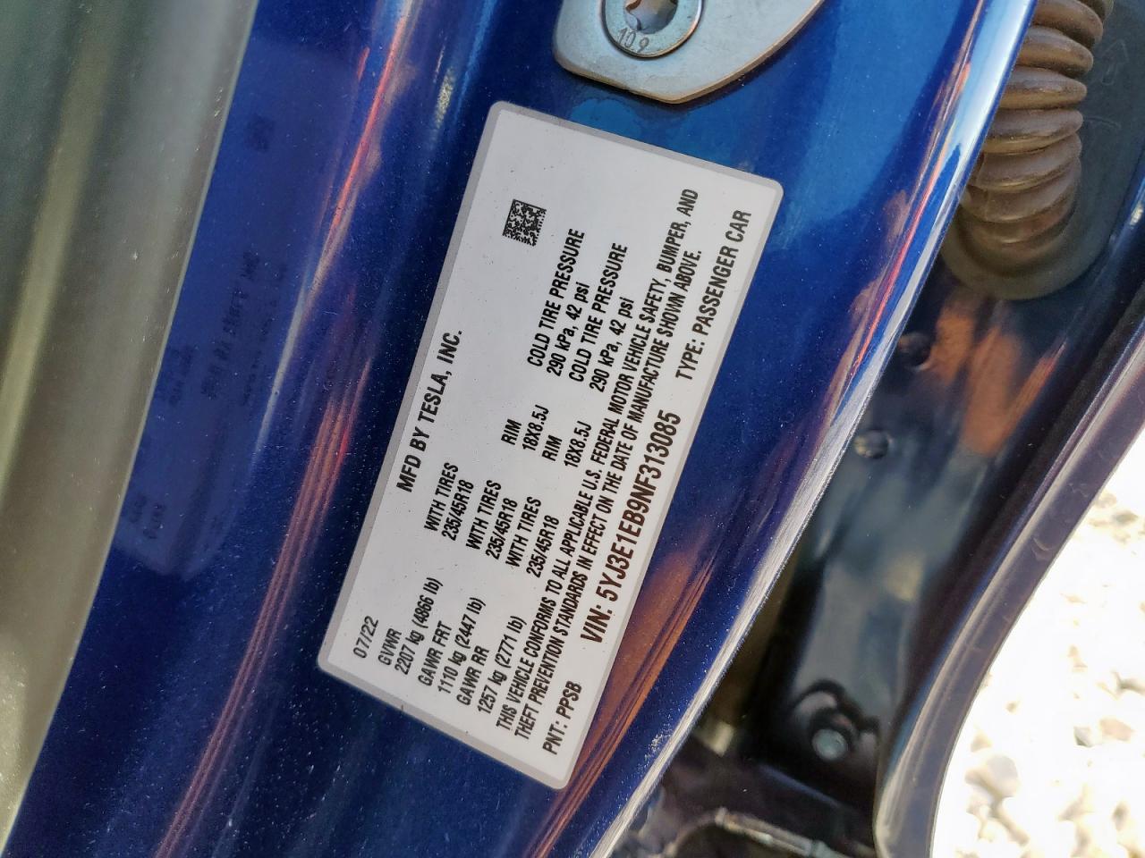 2022 Tesla Model 3 VIN: 5YJ3E1EB9NF313085 Lot: 84022375