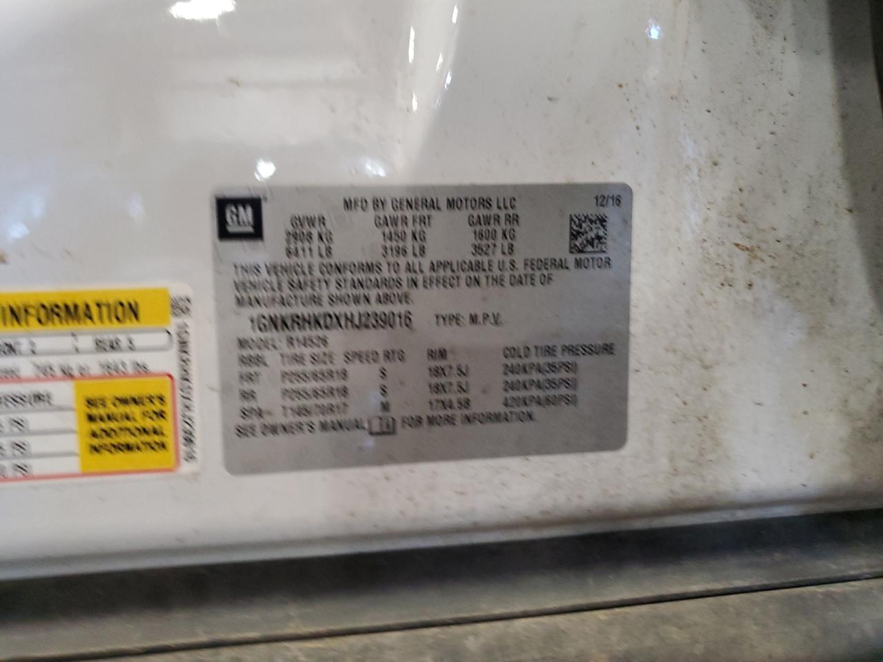 2017 Chevrolet Traverse Lt VIN: 1GNKRHKDXHJ239016 Lot: 72021935