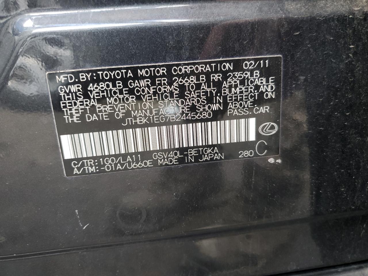 2011 Lexus Es 350 VIN: JTHBK1EG7B2445680 Lot: 80979505