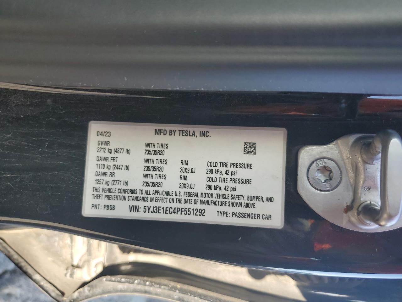 2023 Tesla Model 3 VIN: 5YJ3E1EC4PF551292 Lot: 71279735
